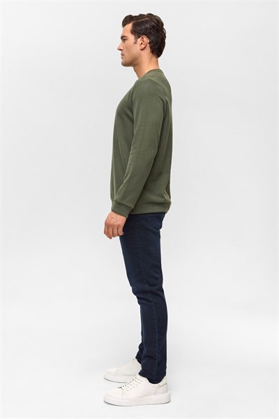Haki Regular Düz Bisiklet Yaka Sweatshirt