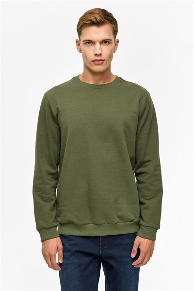 Haki Regular Düz Bisiklet Yaka Sweatshirt