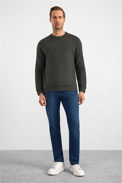Haki Regular Düz Bisiklet Yaka Sweatshirt