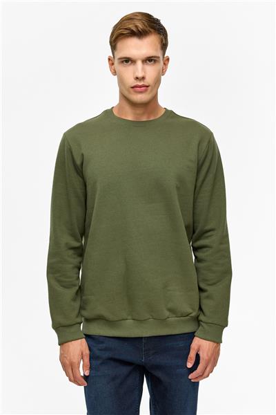 Haki Regular Düz Bisiklet Yaka Sweatshirt