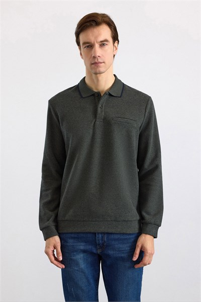 Haki Regular Düz Fermuarlı Polo Yaka Sweatshirt