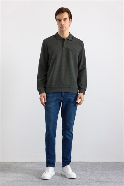 Haki Regular Düz Fermuarlı Polo Yaka Sweatshirt