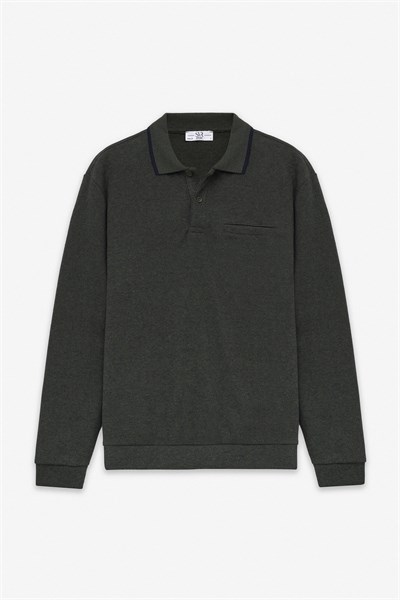 Haki Regular Düz Fermuarlı Polo Yaka Sweatshirt