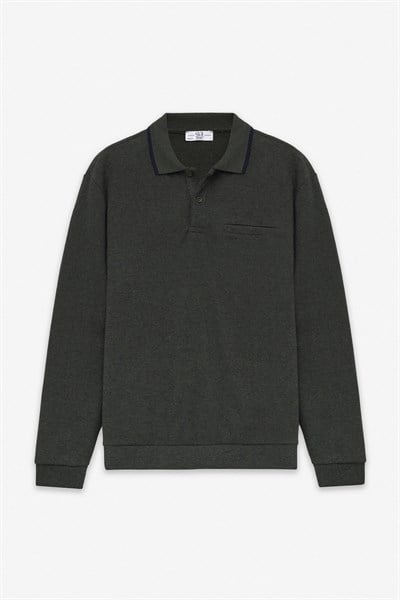 Haki Regular Düz Fermuarlı Polo Yaka Sweatshirt