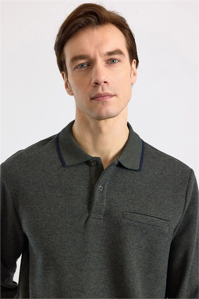 Haki Regular Düz Fermuarlı Polo Yaka Sweatshirt