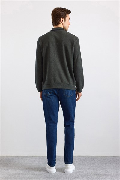 Haki Regular Düz Fermuarlı Polo Yaka Sweatshirt