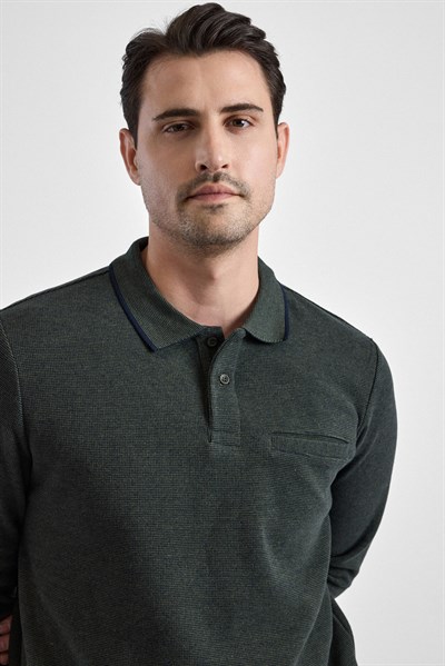 Haki Regular Düz Polo Yaka Sweatshirt
