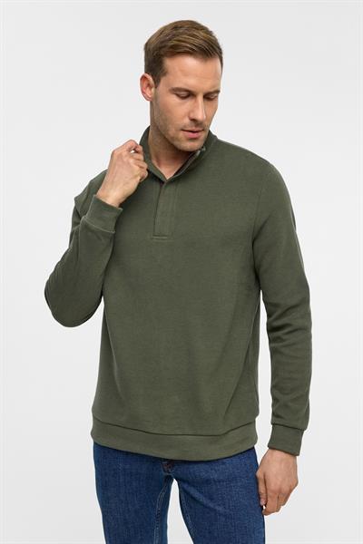 Haki Regular Düz Polo Yaka Sweatshirt