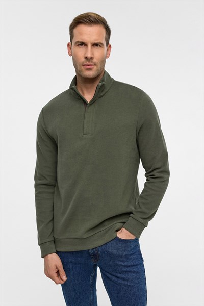 Haki Regular Düz Polo Yaka Sweatshirt