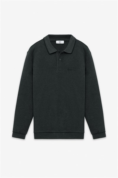 Haki Regular Düz Polo Yaka Sweatshirt