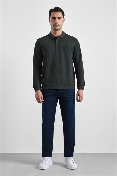 Haki Regular Düz Polo Yaka Sweatshirt
