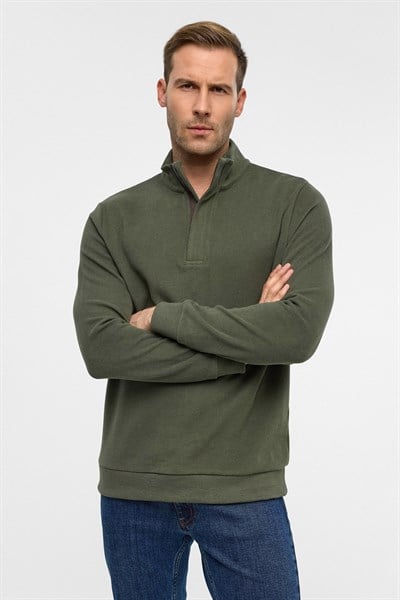 Haki Regular Düz Polo Yaka Sweatshirt