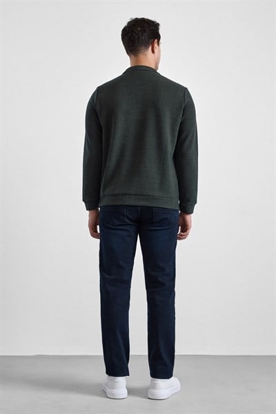 Haki Regular Düz Polo Yaka Sweatshirt