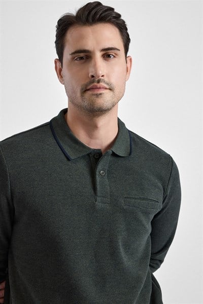Haki Regular Düz Polo Yaka Sweatshirt