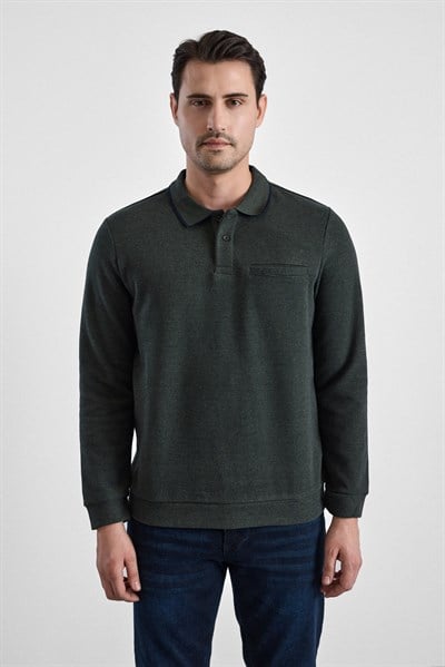 Haki Regular Düz Polo Yaka Sweatshirt