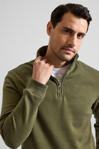 Haki Regular Düz Yarım Balıkçı Yaka Sweatshirt