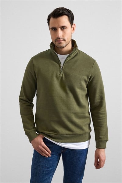 Haki Regular Düz Yarım Balıkçı Yaka Sweatshirt