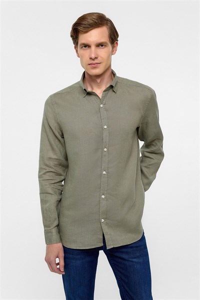 Haki Regular Fit Düz Klasik Yaka Gömlek