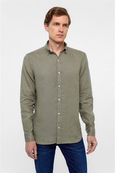 Haki Regular Fit Düz Klasik Yaka Gömlek