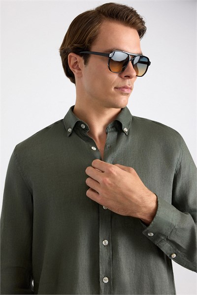 Haki Regular Klasik Yaka Düz Düz Cepsiz Düz Uzun Kollu Standart Casual Gömlek