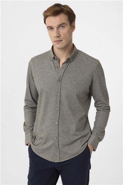 Haki Slim Fit Armürlü Düğmeli Yaka Gömlek