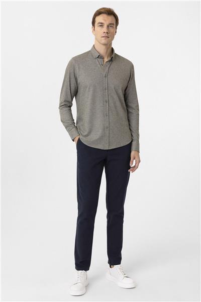 Haki Slim Fit Armürlü Düğmeli Yaka Gömlek