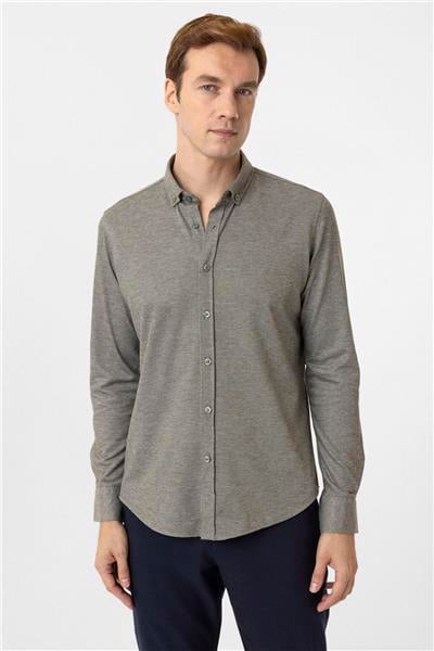 Haki Slim Fit Armürlü Düğmeli Yaka Gömlek