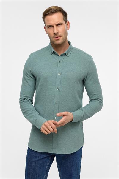 Haki Slim Armürlü Düğmeli Yaka Gömlek