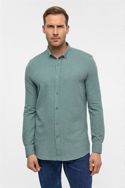 Haki Slim Armürlü Düğmeli Yaka Gömlek