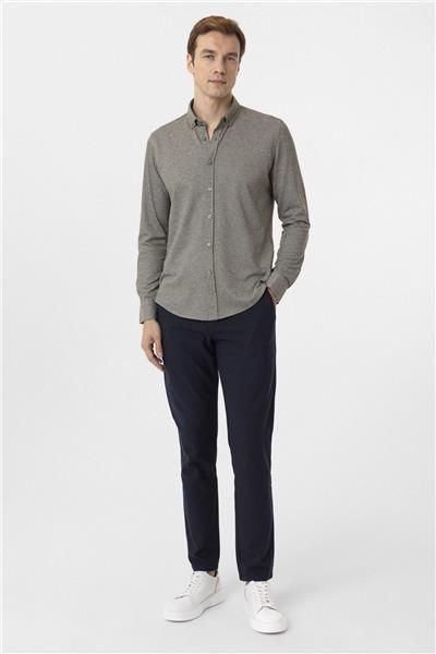 Haki Slim Fit Armürlü Düğmeli Yaka Gömlek