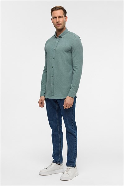 Haki Slim Armürlü Düğmeli Yaka Gömlek