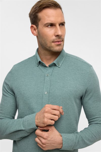 Haki Slim Armürlü Düğmeli Yaka Gömlek