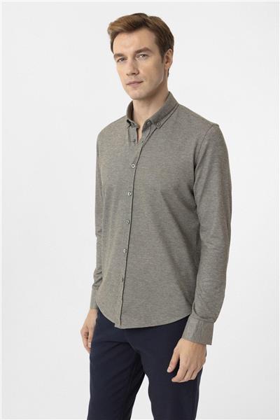 Haki Slim Fit Armürlü Düğmeli Yaka Gömlek