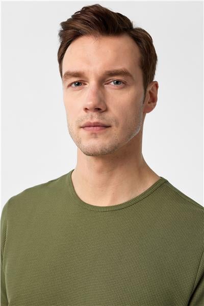 Haki Slim Fit Armürlü Bisiklet Yaka Tişört