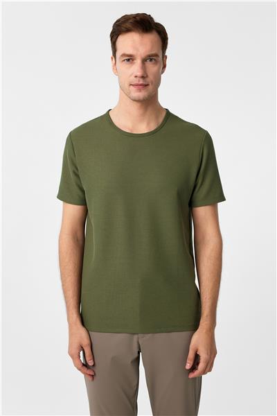 Haki Slim Fit Armürlü Bisiklet Yaka Tişört