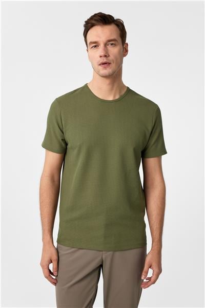 Haki Slim Fit Armürlü Bisiklet Yaka Tişört