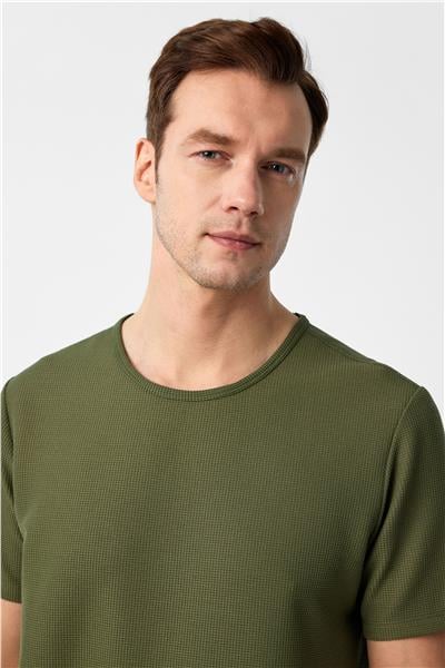 Haki Slim Fit Armürlü Bisiklet Yaka Tişört