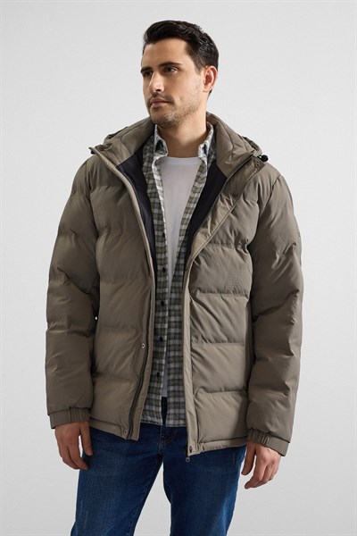 Haki Slim Dik Yaka Düz Cepsiz Fermuar + Çıtçıt Elyaf Dolgulu Standart Mont