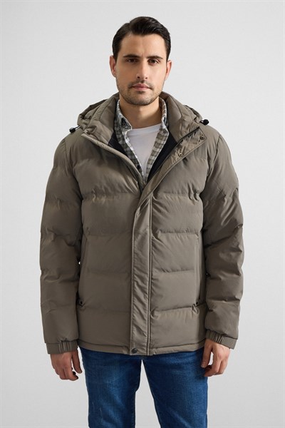 Haki Slim Dik Yaka Düz Cepsiz Fermuar + Çıtçıt Elyaf Dolgulu Standart Mont