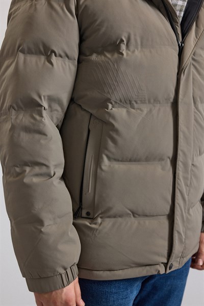 Haki Slim Dik Yaka Düz Cepsiz Fermuar + Çıtçıt Elyaf Dolgulu Standart Mont