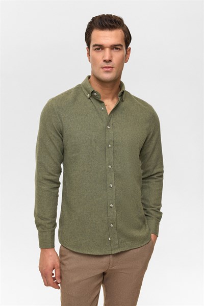 Haki Slim Düz Düğmeli Yaka Gömlek