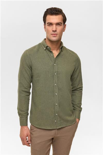 Haki Slim Düz Düğmeli Yaka Gömlek