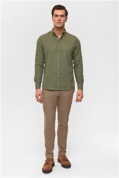 Haki Slim Düz Düğmeli Yaka Gömlek