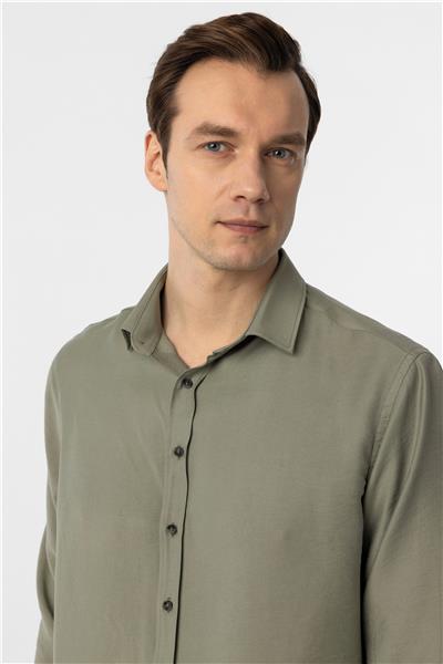 Haki Slim Fit Düz Klasik Yaka Gömlek