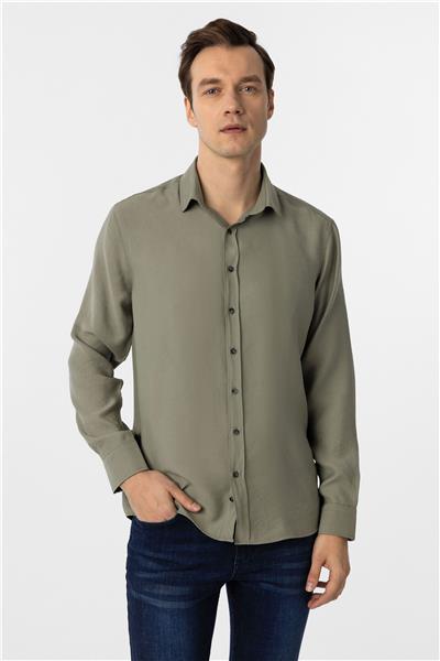 Haki Slim Fit Düz Klasik Yaka Gömlek