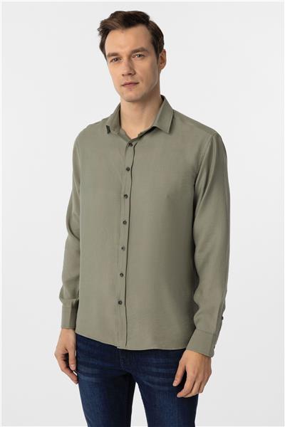 Haki Slim Fit Düz Klasik Yaka Gömlek