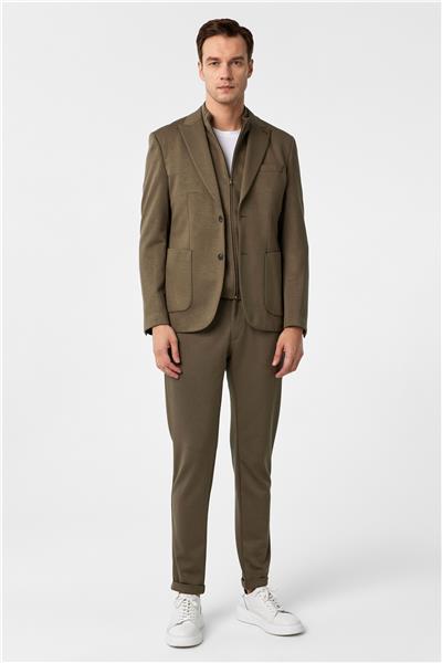 Haki Slim Fit Düz Sivri Yaka 6 Drop Spor Takım Elbise