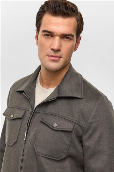 Haki Slim Düz Sivri Yaka Mont