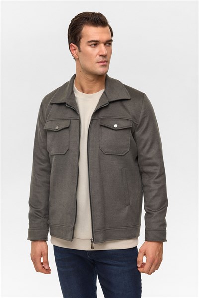 Haki Slim Düz Sivri Yaka Mont