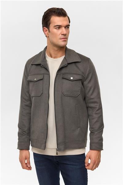 Haki Slim Düz Sivri Yaka Mont